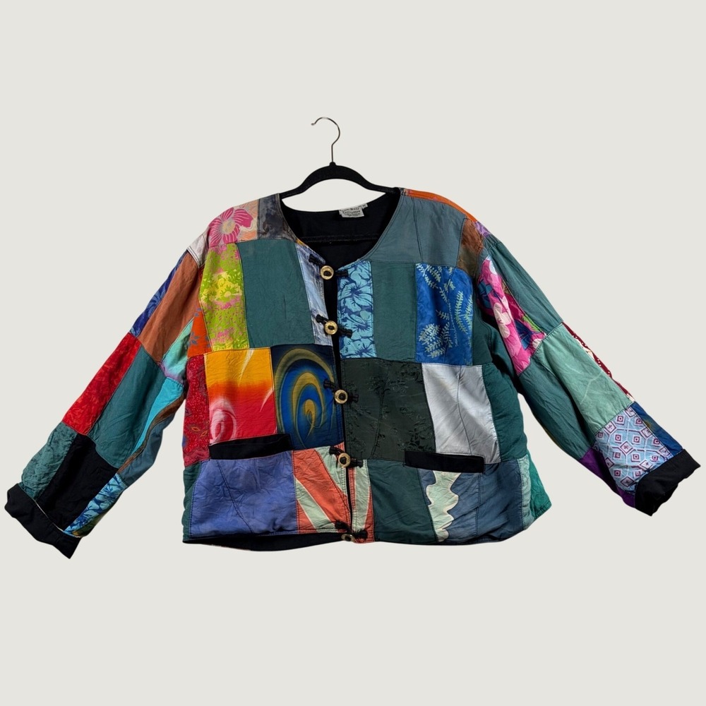 Vintage Kosi Bali Patchwork Button Jacket Women XL 100 Rayon Boho Whimsigoth Art